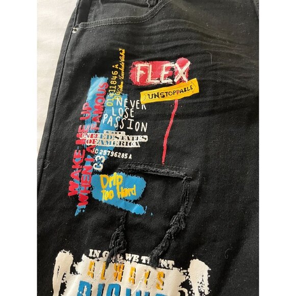 Copper Rivet Jean Shorts Mens 38 Black Hip Hop Denim Distressed Paint Patched - Picture 9 of 12